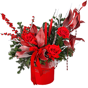 Rose Red 50 cm Ecuador - 5, Round flower box small , Oasis, Salal, Spruce branches (1pc.), Christmas decor (set), Candle, Artificial branch, Ribbon, Ilex