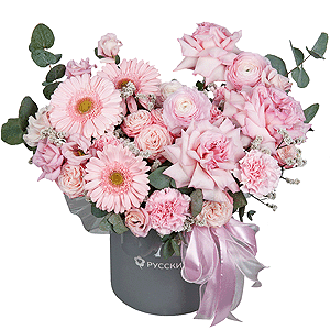 Gerbera pink - 5, Peony rose pink 'OHara' - 3, Ranunculus Pink - 3, Peony sprayrose - 3, Pink carnation - 9, Pink Lisianthus (Eustoma) - 2, Round flower box medium, Oasis, Eucalyptus, Ribbon, Limonium (1 pc.)