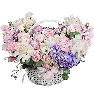 Momoko Chrysanthemum - 3, Peony style roses - 7, Ranunculus Pink - 5, Matthiola Lilac - 3, lisianthus - 2, Pink carnation - 9, Medium Basket, Oasis, Limonium (1 pc.), Dried flowers in assortment, Eucalyptus