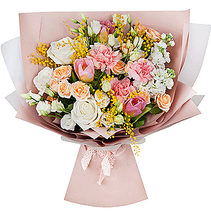 Spray rose: white, cream, light pink 50 cm - 3, White rose 50 cm - 4, Pink carnation - 4, lisianthus - 2, Pink tulip - 4, Mimosa - 2, White Matthiola - 3, Wrapping Paper