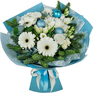 Gerbera white - 5, Spray rose: white, cream, light pink 50 cm - 3, Baltica White Spray Chrysanthemum - 3, lisianthus - 3, Carnation white, cream - 3, Aspidistra (1 pc.), Spruce branches (1pc.), Christmas decor (set), Wrapping Paper