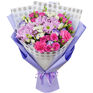 Bright pink spray rose mix, 50 cm - 4, Bacardi Pink Spray Chrysanthemum - 3, Pink carnation - 3, Purple Lisianthus (Eustoma) - 4, Athos poms Stallion - 3, Wrapping Paper, Ribbon
