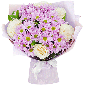 Bacardi Pink Spray Chrysanthemum - 6, White rose 50 cm - 7, Ribbon, Wrapping Paper, Ruscus