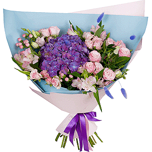 Blue/purple hydrangea - 2, Bright pink spray rose mix, 50 cm - 7, Alstromeria white, soft pink - 4, Pink Lisianthus (Eustoma) - 3, Hypericum, Dried flowers decor, Wrapping Paper
