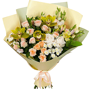 White rose 50 cm - 5, Green Cymbidium Orchid Bud - 4, Pink Lisianthus (Eustoma) - 4, Alstromeria Yellow, Orange - 3, Spray rose: white, cream, light pink 50 cm - 6, Athos poms Stallion - 3, Flask for orchids, Ruscus, Wrapping Paper