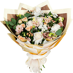 White rose 50 cm - 7, Spray rose: white, cream, light pink 50 cm - 4, Santini White Spray Chrysanthemum - 4, Pink Lisianthus (Eustoma) - 4, Hypericum, Wrapping Paper, Eucalyptus populus (1 pc.)