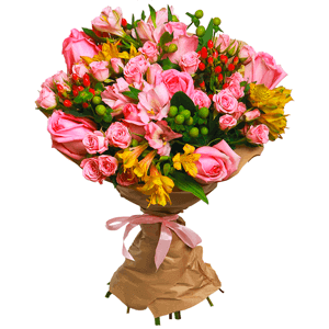 Pink rose 50 cm - 11, Bright pink spray rose mix, 50 cm - 10, Alstromeria white, soft pink - 4, Alstromeria Yellow, Orange - 4, Hypericum, Wrapping Paper