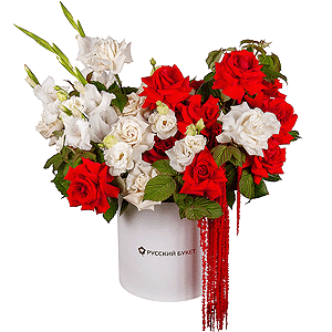 White rose 50 cm Ecuador - 13, Red rose Nina 50 cm - 15, White Gladiolus - 4, lisianthus - 3, Round flower box medium, Oasis, Amaranth stabilized,  Raspberry branch