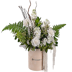Carnation white, cream - 7, White Matthiola - 4, Round flower box small , Oasis, Veronica spray, Fern (1 pc.), Artificial branch, White statice, Pittosporum, Amaranth stabilized, Moluccella