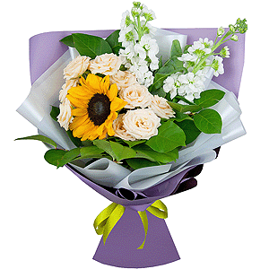 Sunflower - 2, White Matthiola - 3, Spray rose: white, cream, light pink 50 cm - 3, Salal, Eucalyptus Cinerea, Wrapping Paper