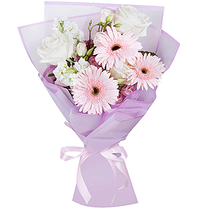 Gerbera pink - 5, White rose 50 cm - 5, White Matthiola - 3, lisianthus - 3, Wrapping Paper