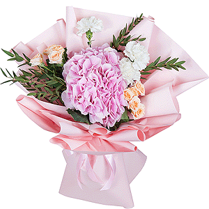 Pink Hydrangea - 3, Carnation white, cream - 5, Bright pink spray rose mix, 50 cm - 3, Eucalyptus parvifolia (1 pc.), Wrapping Paper