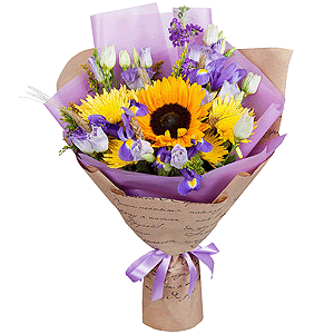 Sunflower - 2, Irises - 4, Baltica Yellow Spray Chrysanthemum - 4, Matthiola Lilac - 2, lisianthus - 2, Pink Lisianthus (Eustoma) - 1, Dried flowers decor, Wrapping Paper
