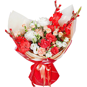 White rose 50 cm - 5, Red rose Nina 50 cm - 5, Spray rose: white, cream, light pink 50 cm - 4, lisianthus - 5, Pink carnation - 6, Red Gladiolus - 4, Limonium (1 pc.), Wrapping Paper