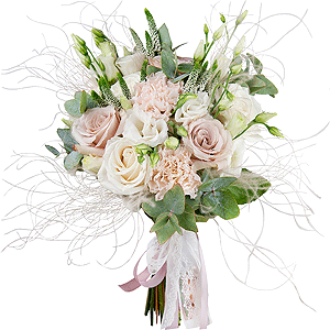 White spray carnation - 5, Cream Rose 50 cm Ecuador (Creme Caramel) - 6, White rose 50 cm - 6, lisianthus - 6, Veronica spray, Eucalyptus Cinerea, Dried flowers decor, Ribbon