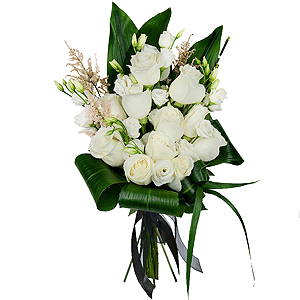 White rose 50 cm - 16, lisianthus - 8, Astilbe, Aspidistra (1 pc.), Ribbon