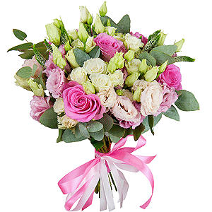 Pink rose 50 cm - 9, Pink Lisianthus (Eustoma) - 6, Spray rose: white, cream, light pink 50 cm - 6, Veronica spray, Ribbon, Eucalyptus
