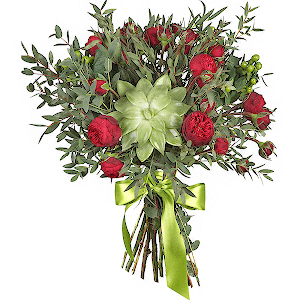 Spray peony rose  - 9, Echeveria small, Hypericum, Eucalyptus parvifolia (1 pc.), Ribbon