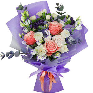 Peony rose Kahala 50 cm - 5, Purple Lisianthus (Eustoma) - 4, Lilac carnation - 2, Spray rose: white, cream, light pink 50 cm - 4, White rose 50 cm - 5, Carnation white, cream - 3, Eucalyptus Cinerea, Wrapping Paper