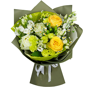 Yellow rose 50 cm - 4, White rose 50 cm - 3, Carnation spray - 5, lisianthus - 5, Chamomile - 4, Hypericum, Wrapping Paper, Ribbon