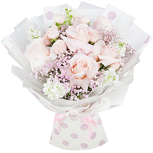 White Matthiola - 7, Spray rose: white, cream, light pink 50 cm - 5, Rose Pink 50 cm Ecuador (Chelo, Hermosa, Novia, Titanik, Engagement, Pink Mondiale) - 9, Colored gypsophila - 3, Wrapping Paper