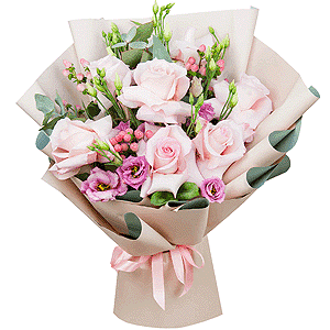 Rose Pink 50 cm Ecuador (Chelo, Hermosa, Novia, Titanik, Engagement, Pink Mondiale) - 13, Pink Lisianthus (Eustoma) - 5, Hypericum, Eucalyptus Cinerea, Wrapping Paper