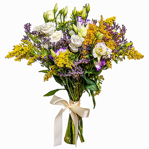 lisianthus - 11, Solidago (1 pc.), Limonium (1 pc.), Ribbon