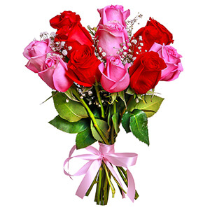 Gypsophila - 2, Pink rose 50 cm - 8, Red rose 50 cm - 7, Ribbon
