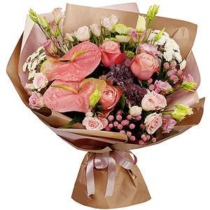 Pink Lisianthus (Eustoma) - 6, Athos poms Stallion - 3, Lilac carnation - 4, Bright pink spray rose mix, 50 cm - 9, Pink cut anthurium - 2, Peony rose Kahala 50 cm - 5, Hypericum, Aspidistra (1 pc.), Wrapping Paper