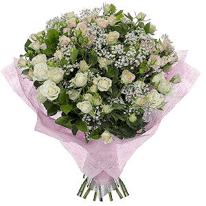 Spray rose: white, cream, light pink 50 cm - 20, Gypsophila - 3, Ruscus, Felt, Ribbon