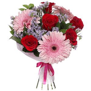 Gerbera pink - 4, Red rose 50 cm - 7, Blue Statice, Felt, Ribbon, Salal