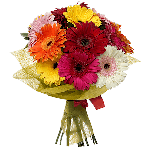 Gerbera daisies - 4, Gerbera yellow - 5, Gerbera red - 5, Gerbera pink - 4, Gerbera white - 3, Felt, Ribbon