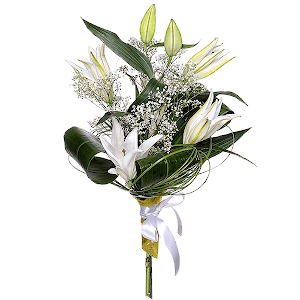 Lilies - 2, Gypsophila - 1, Aspidistra (1 pc.), Beargrass (1 pc.), Felt, Ribbon