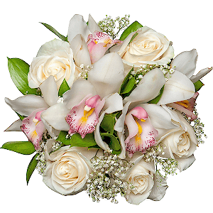 Gypsophila - 1, White rose 50 cm - 7, White Cymbidium Orchid Bud - 7, Ruscus, Ribbon, Flask for orchids
