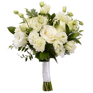 White rose 50 cm - 9, lisianthus - 8, Ruscus, Pistachio, Ribbon