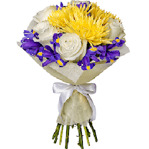 Yellow chrysanthemum  single-headed Anastasia - 4, White rose 50 cm - 7, Irises - 6, Irises - 9, Felt, Ribbon