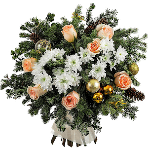 Pink rose 50 cm - 10, Baltica White Spray Chrysanthemum - 3, Felt, Ribbon, Spruce branches (1pc.), Christmas decor (set)