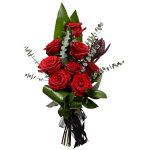 Red rose 50 cm - 14, Aspidistra (1 pc.), Eucalyptus baby blue (1 pc.), Ruscus, Ribbon, Leukodendron