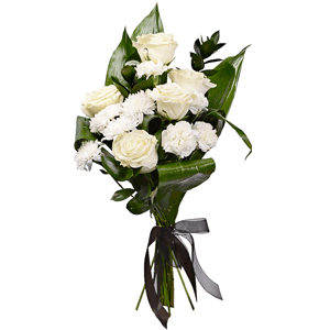 White rose 50 cm - 8, Carnation white, cream - 8, Baltica White Spray Chrysanthemum - 3, Aspidistra (1 pc.), Ruscus, Ribbon