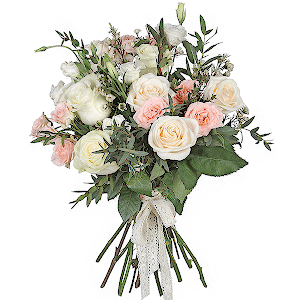 Rose Cream 50 cm - 6, Spray rose: white, cream, light pink 50 cm - 4, White rose 50 cm - 4, lisianthus - 3, Waxflower (1 pc.), Eucalyptus parvifolia (1 pc.), Ribbon