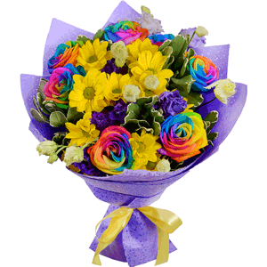 Rainbow rose - 11, Bacardi Yellow Spray Chrysanthemum - 4, Purple Lisianthus (Eustoma) - 7, Felt, Ribbon, Pittosporum