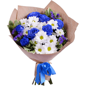 Arrangement of blue roses and chrysanthemums with delivery Astrakhan