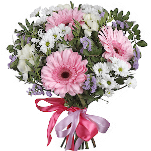 Gerbera pink - 4, Freesia - 4, Bacardi White Spray Chrysanthemum - 6, Blue Statice, Pistachio, Ribbon