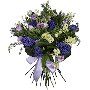 Blue Hyacinth - 12, Purple Lisianthus (Eustoma) - 7, Yellow Statice, Green bell (1 pc.), Aspidistra (1 pc.), Ribbon