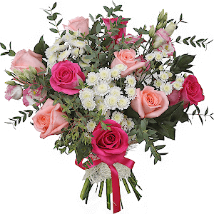 Pink rose 50 cm - 12, Pink Lisianthus (Eustoma) - 3, Athos poms Stallion - 3, Ruscus, Eucalyptus parvifolia (1 pc.), Sisal, Ribbon