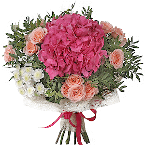 Pink Hydrangea - 1, Bright pink spray rose mix, 50 cm - 4, Athos poms Stallion - 3, Pistachio, Sisal, Ribbon
