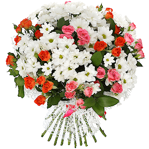Spray rose: yellow, orange 50 cm - 7, Bacardi White Spray Chrysanthemum - 12, Bright pink spray rose mix, 50 cm - 8, Ruscus, Mesh (Abaka), Ribbon