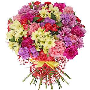 Pink carnation - 6, Pink spray carnation - 9, Bacardi Yellow Spray Chrysanthemum - 4, Lilac aster - 4, Lilac carnation - 6, Bacardi Pink Spray Chrysanthemum - 3, Ruscus, Mesh (Abaka), Ribbon