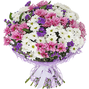 Bacardi White Spray Chrysanthemum - 10, Bacardi Pink Spray Chrysanthemum - 7, Blue Statice, Ruscus, Mesh (Abaka), Ribbon