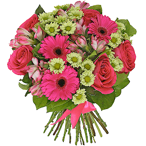 Pink rose 50 cm - 7, Purple gerbera - 4, Athos poms Green Lizard - 7, Alstromeria white, soft pink - 7, Salal, Ribbon